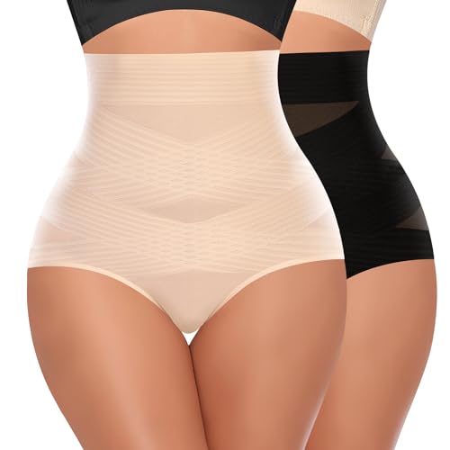 YARRCO Bauchweg Unterhose Damen Shapewear Miederhose Hohe Taille Miederslips Body Shaper Figurformende Unterwäsche (Schwarz+Beige, XL) von YARRCO