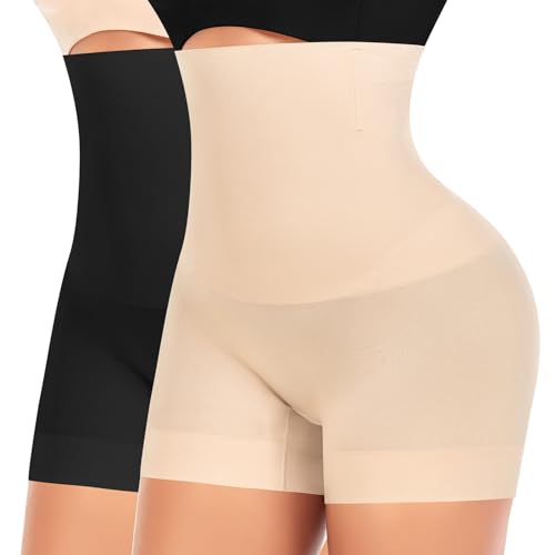 YARRCO Bauchweg Unterhose Damen Shapewear Nahtlose Miederhhose Hohe Taille Kurze Miederpants Body Shaper Leggings Figurformende Unterwäsche (Schwarz+Beige, L) von YARRCO