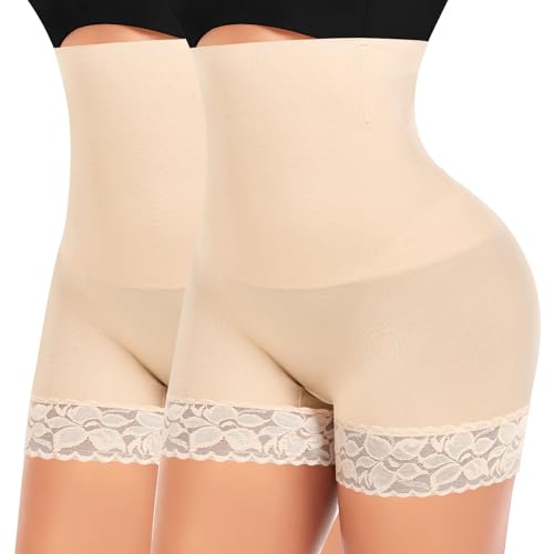 YARRCO Bauchweg Unterhose Damen Shapewear Nahtlose Spitze Miederhhose Hohe Taille Kurze Miederpants Body Shaper Leggings Figurformende Unterwäsche (Beige+Beige, 2XL) von YARRCO