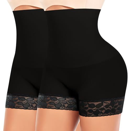 YARRCO Bauchweg Unterhose Damen Shapewear Nahtlose Spitze Miederhhose Hohe Taille Kurze Miederpants Body Shaper Leggings Figurformende Unterwäsche (Schwarz+Schwarz, M) von YARRCO