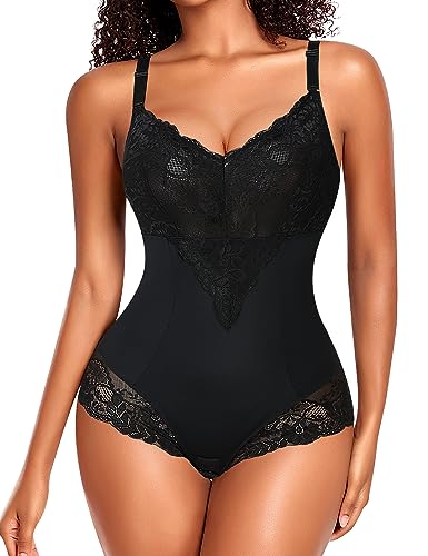 YARRCO Body Shaper Damen Bauchweg Shapewear Spitze Shaping Bodysuits Figurformende Unterwäsche Miederbody Miederslip (Schwarz, L) von YARRCO