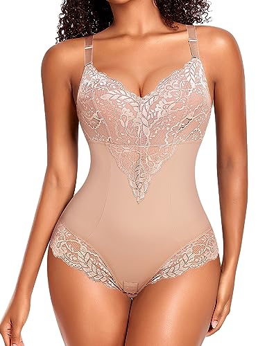 YARRCO Body Shaper Damen Bauchweg Shapewear Spitze Shaping Bodysuits Figurformende Unterwäsche Miederbody Miederslip (Beige, 2XL) von YARRCO