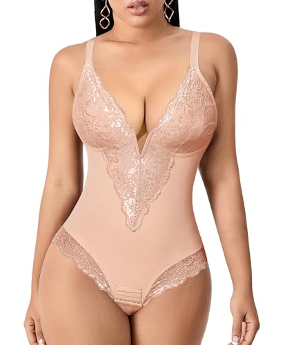 YARRCO Bodysuit für Damen, schlank, G-String, V-Ausschnitt, Spitzenformer, Bauchkontrolle, postpartale Formung, Bodysuit, beige, 50 von YARRCO