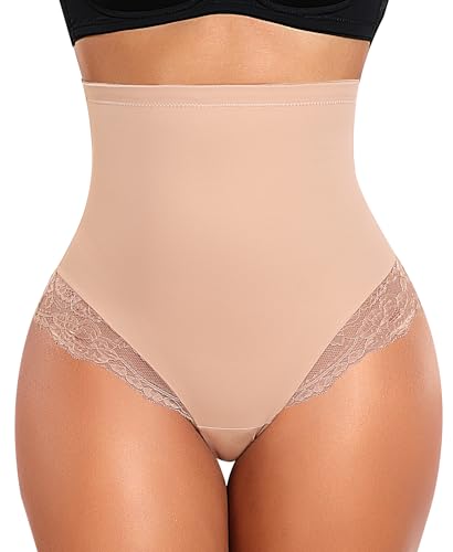 YARRCO Damen Bauchweg Miederslips Spitze String Shapewear Unterhose Tanga Shaper Slips Figurformende Unterwäsche (Beige-Spitze, M) von YARRCO