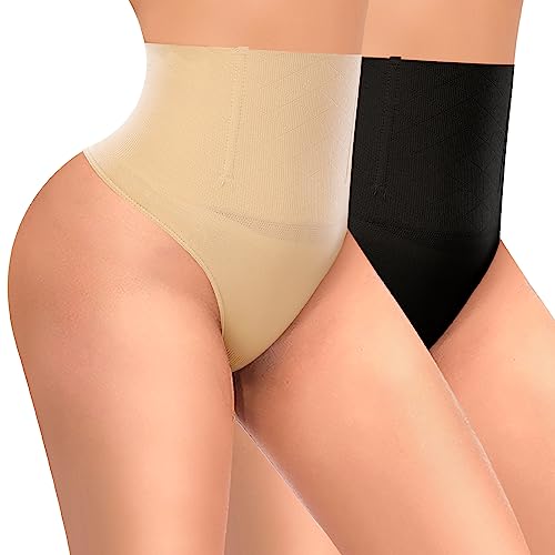 YARRCO Damen Bauchweg String Tanga Shapewear Unterhose Slips Shaper Miederslips Figurformende Unterwäsche (Schwarz+Beige, 2XL) von YARRCO