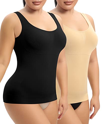 YARRCO Damen Shape Unterhemd Bauchweg Hemdchen Shapewear Trägertop Shaping BH Hemd Formendes Top Body Shaper Nahtloses Figurformendes Tanktop (Schwarz+Beige, 2XL) von YARRCO