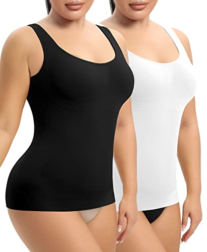 YARRCO Damen Shape Unterhemd Bauchweg Hemdchen Shapewear Trägertop Shaping BH Hemd Formendes Top Body Shaper Nahtloses Figurformendes Tanktop (Schwarz+weiß, 2XL) von YARRCO