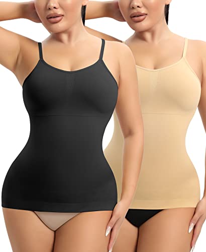 YARRCO Damen Shape Unterhemd Bauchweg Tanktop Shapewear Trägertop Shaping BH Hemd Formendes Top Hemdchen Body Shaper Nahtloses Figurformendes Tanktop (Schwarz+Beige+Spaghettiträger, 3XL) von YARRCO