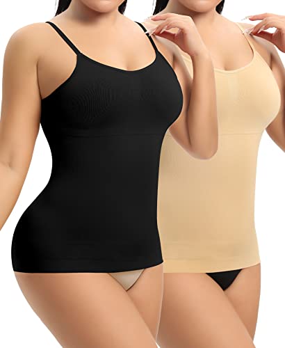 YARRCO Damen Shape Unterhemd Bauchweg Hemdchen Shapewear Trägertop Spaghettiträger Shaping BH Hemd Formendes Top Body Shaper Nahtloses Figurformendes Tanktop (Schwarz+Beige, 3XL) von YARRCO