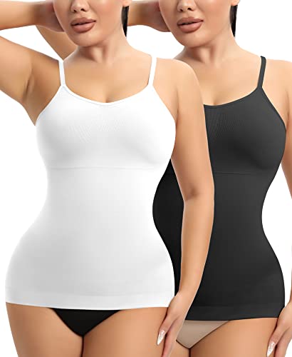 YARRCO Damen Shape Unterhemd Bauchweg Tanktop Shapewear Trägertop Shaping BH Hemd Formendes Top Hemdchen Body Shaper Nahtloses Figurformendes Tanktop (Schwarz+weiß+Spaghettiträger, 2XL) von YARRCO