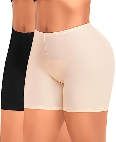 YARRCO Damen Unterhose Kurz Hose Unter Rock Kleid Nahtlos Slipshort Anti Chafing Boxershorts Kurz Leggings Radlerhose (Schwarz+Beige, L) von YARRCO