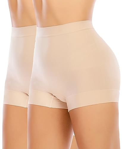 YARRCO Damen Miederhose Leichtformende Unterhose Nahtlos Shapewear Mittelhohe Taille Kurze Miederpants (Beige+Beige+Mittlere Taille, S) von YARRCO