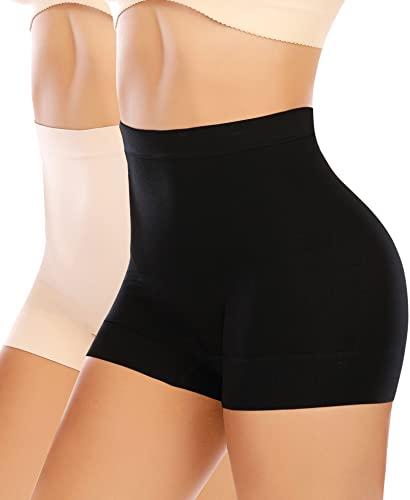 YARRCO Damen Miederhose Leichtformende Unterhose Nahtlos Shapewear Mittelhohe Taille Kurze Miederpants (Schwarz+Beige, 2XL) von YARRCO