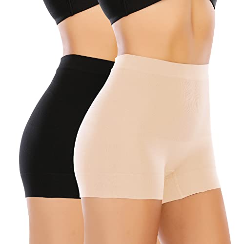 YARRCO Nahtlose Miederhose Leicht Formende Bauchweg Unterhose Damen Mittelhohe Taille Shapewear Kurze Leggings Miederpants Unterwäsche (Schwarz+Beige, XL) von YARRCO