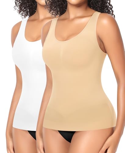 YARRCO Shape Unterhemd Damen Formende Tank Top Bauchweg Shapewear Sport Tanktop Figurformendes Trägertop Body Shaper Hemdchen Nahlos Camisole Shaping Hemd (Beige+Weiß-Weite Träger, M) von YARRCO