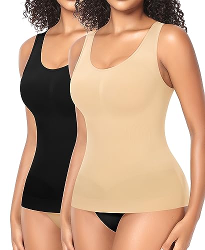 YARRCO Shape Unterhemd Damen Formende Tank Top Bauchweg Shapewear Sport Tanktop Figurformendes Trägertop Body Shaper Hemdchen Nahlos Camisole Shaping Hemd (Schwarz+Beige-Weite Träger, L) von YARRCO