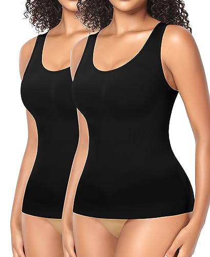 YARRCO Shape Unterhemd Damen Formende Tank Top Bauchweg Shapewear Sport Tanktop Figurformendes Trägertop Body Shaper Hemdchen Nahlos Camisole Shaping Hemd (Schwarz+Schwarz-Weite Träger, 2XL) von YARRCO