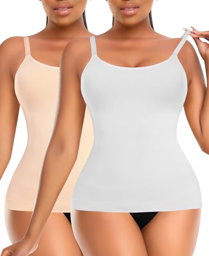 YARRCO Damen Shape Unterhemd Bauchweg Tanktop Shapewear Trägertop Shaping BH Hemd Formendes Top Hemdchen Body Shaper Nahtloses Figurformendes Tanktop (Beige+Weiß+Ohne BH-Pads, M) von YARRCO