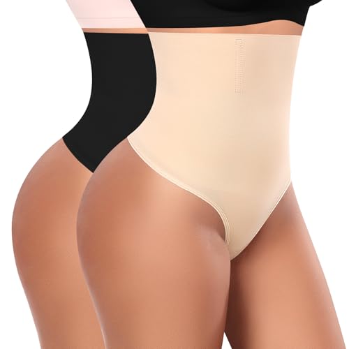 YARRCO Shapewear Damen Bauchweg Unterhose Tanga Body Shaper Miederhose Strings Unterwäsche Frauen Miederslips Formende Slips Hohe Taille Shaping Miederhöschen Bauch Weg Höschen(Schwarz+Beige, M) von YARRCO