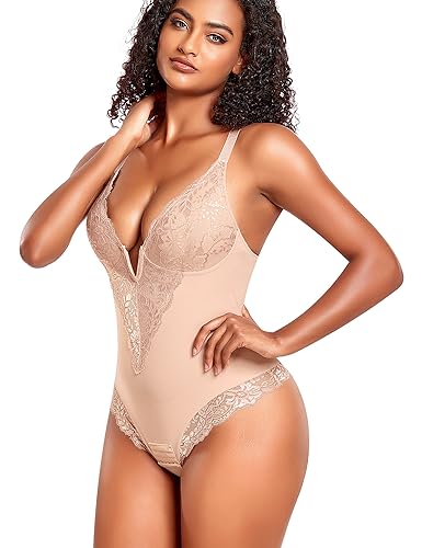 YARRCO Shapewear Damen Body Shaper Bauchweg (Beige-Tief-V-Spitze, 3XL) von YARRCO