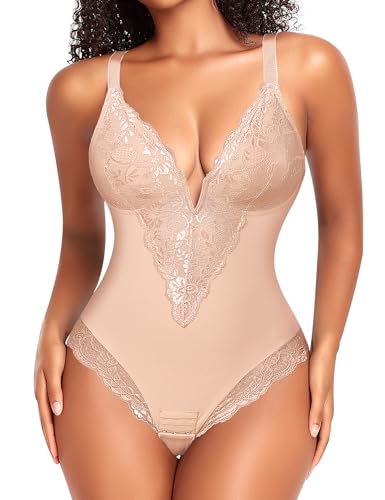 YARRCO Shapewear Damen Body Shaper Bauchweg Bodysuits Shaping Unterwäsche Formender Miederbody Formbody Miederslips Spitze Figurformende Tanga String (Beige, 3XL) von YARRCO