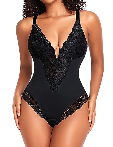 YARRCO Shapewear Damen Body Shaper Bauchweg Bodysuits Shaping Unterwäsche Formender Miederbody Formbody Miederslips Spitze Figurformende Tanga String (Schwarz, 2XL) von YARRCO