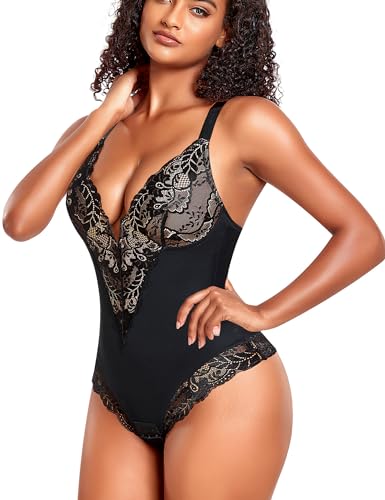 YARRCO Shapewear Damen Body Shaper Bauchweg (Schwarz auf Beige-Tief-V-Spitze, 3XL) von YARRCO