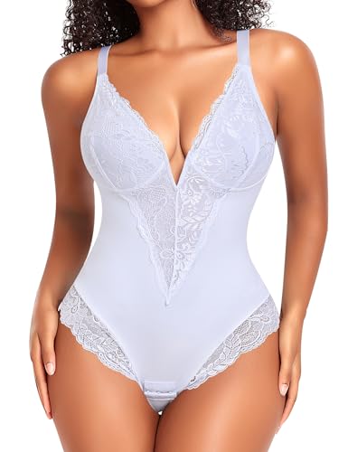 YARRCO Shapewear Damen Body Shaper Bauchweg Bodysuits Shaping Unterwäsche Formender Miederbody Formbody Miederslips Spitze Figurformende Tanga String (Weiß, 2XL) von YARRCO