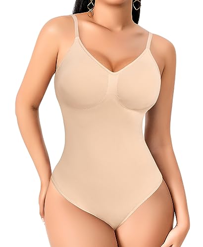 YARRCO Shapewear Damen Body Shaper Bauchweg Shaping Bodysuits Tanga Figurformende Unterwäsche String Miederbody Miederslip (Beige, L) von YARRCO