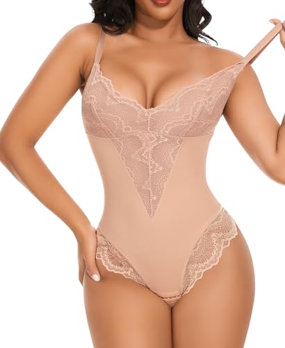 YARRCO Shapewear Damen Bodysuits Bauchweg Formende Body Shaper Figurformende Unterwäsche Shaping Miederbody Formbody Spitze Miederslips Tanga String (Beige, L) von YARRCO