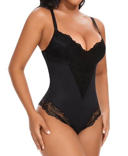 YARRCO Shapewear Damen Bodysuits Bauchweg Formende Body Shaper Figurformende Unterwäsche Shaping Miederbody Formbody Spitze Miederslips Tanga String (Schwarz, M) von YARRCO