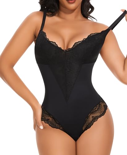 YARRCO Shapewear Damen Formende Bodysuits Body Shaper Figurformende Unterwäsche Bauchweg Miederbody Spitze Formbody Strings (Schwarz, XL) von YARRCO