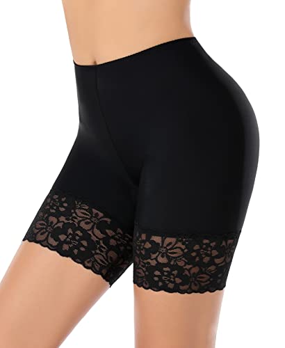YARRCO Spitzen-Anti-Scheuer-Shorts für Damen, Chub Rub Shorts, nahtlose Slip-Shorts für unter Kleidern, Boyshorts, Sicherheitsshorts, Unterwäsche, Schwarz (lang), 48 von YARRCO