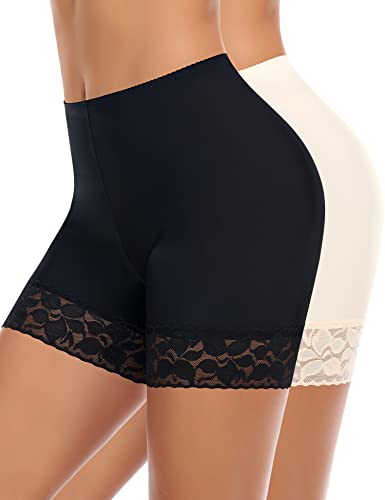 YARRCO Spitzen-Shorts für Damen, Chub-Rub-Shorts, nahtlose Slip-Shorts für Unterkleider, Boyshorts, Sicherheitsshorts, Unterwäsche, #1 Schwarz + Nude (kurze Spitze), 46 von YARRCO