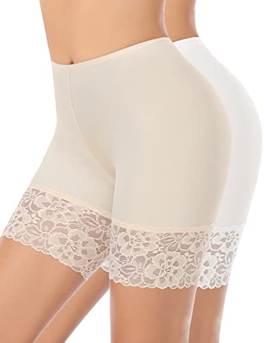 YARRCO Spitzen-Shorts für Damen, Chub-Rub-Shorts, nahtlose Slip-Shorts für Unterkleider, Boyshorts, Sicherheitsshorts, Unterwäsche, #2 Nude + Weiß (lange Spitze), 38 von YARRCO