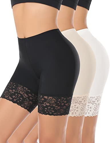 YARRCO Spitzen-Shorts für Damen, Chub-Rub-Shorts, nahtlose Slip-Shorts für Unterkleider, Boyshorts, Sicherheitsshorts, Unterwäsche, #2 Schwarz + Nude + Weiß (lange Spitze), 48 von YARRCO