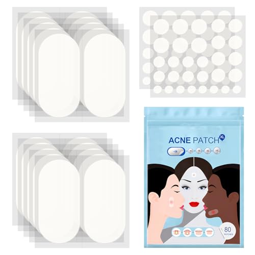 80 Stück Pickel Patch Unsichtbare Hydrokolloid Akne Pimple Patch Tag mit Teebaumöl,Große Pickel Patches,5 Größen für Gesicht, Körper, Rücken, Schnelle Heilung bei Großflächiger Akne von YARVPUV