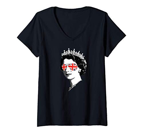 Damen Queen Elizabeth II Sonnenbrille - Britisch Meme T-Shirt mit V-Ausschnitt von YAS QUEEN Elizabeth II England British Memes