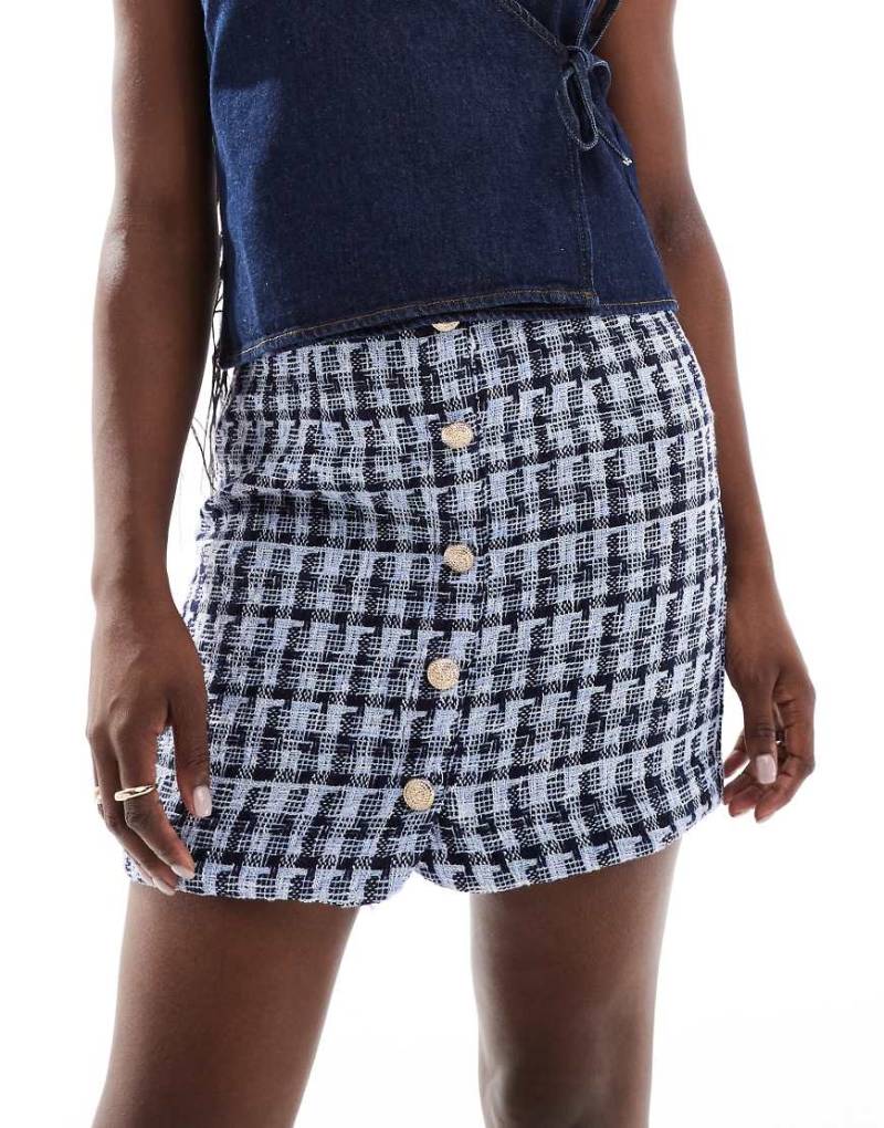 YAS - Blau karierter Bouclé-Minirock mit Knopfleiste vorne-Marineblau von YAS