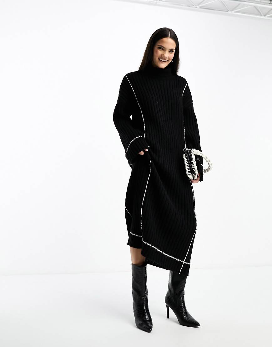 YAS - Hochgeschlossenes Pullover-Midikleid aus Strick in Schwarz mit Kontrastnaht von YAS