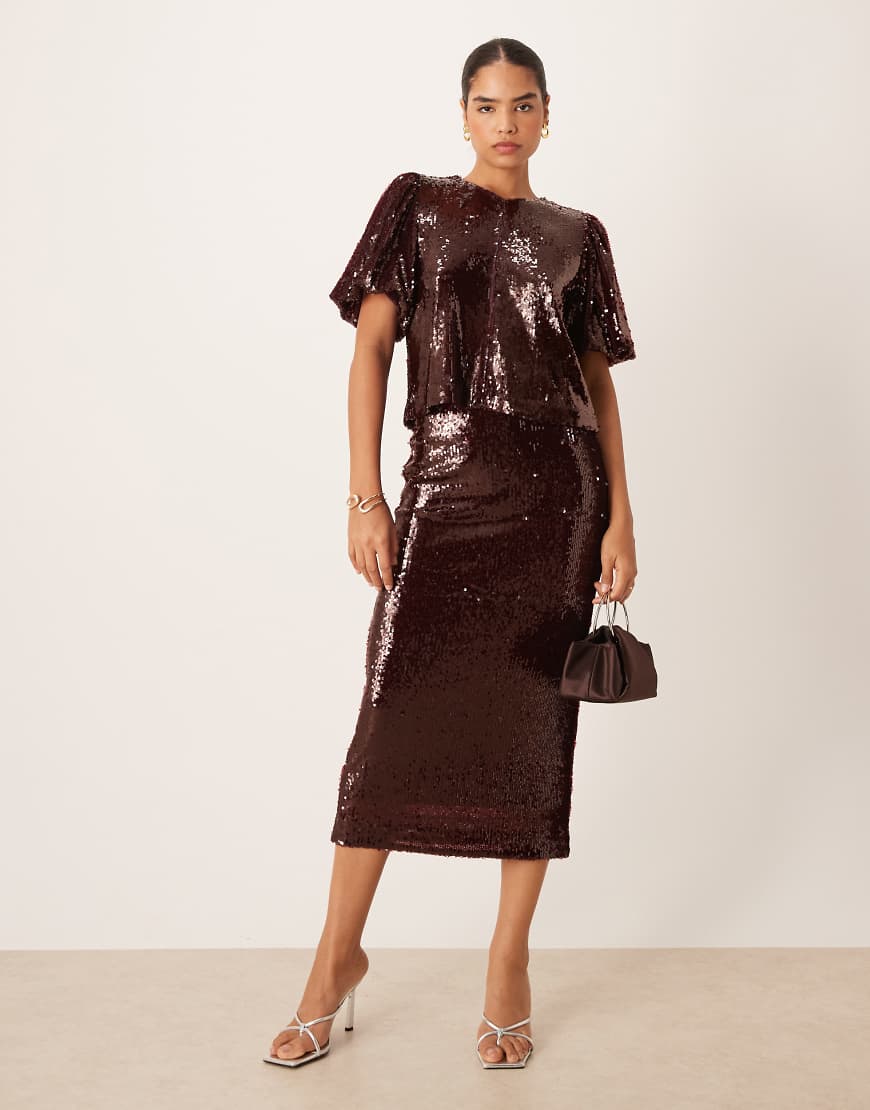 YAS - Hochwertiger Pailletten-Midirock in Burgunderrot, Kombiteil von YAS