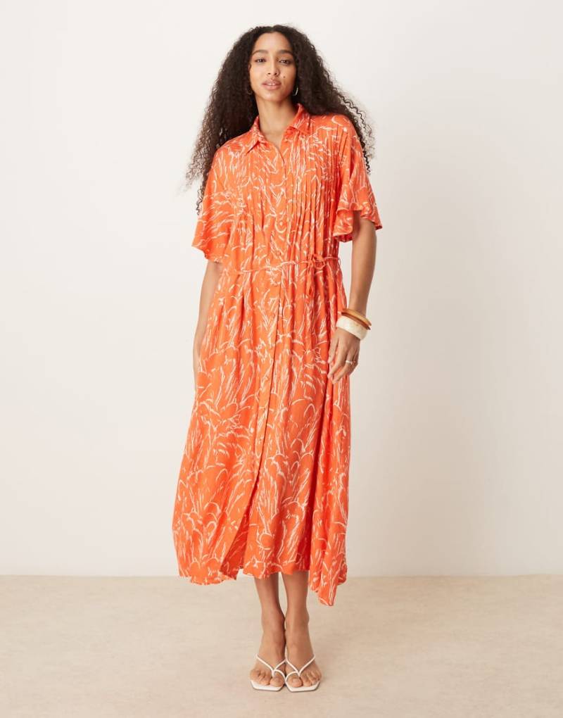 YAS - Kleid in Orange mit Knopfleiste, ausgestellten Ärmeln und Blumenmuster-Rot von YAS