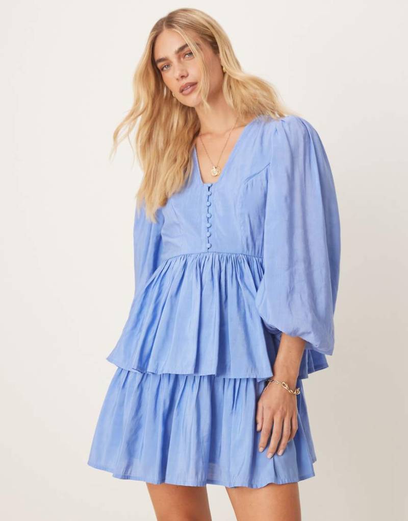 YAS - Kurzes Boho-Kleid in Provence-Blau mit Puffärmeln und Knopfleiste von YAS
