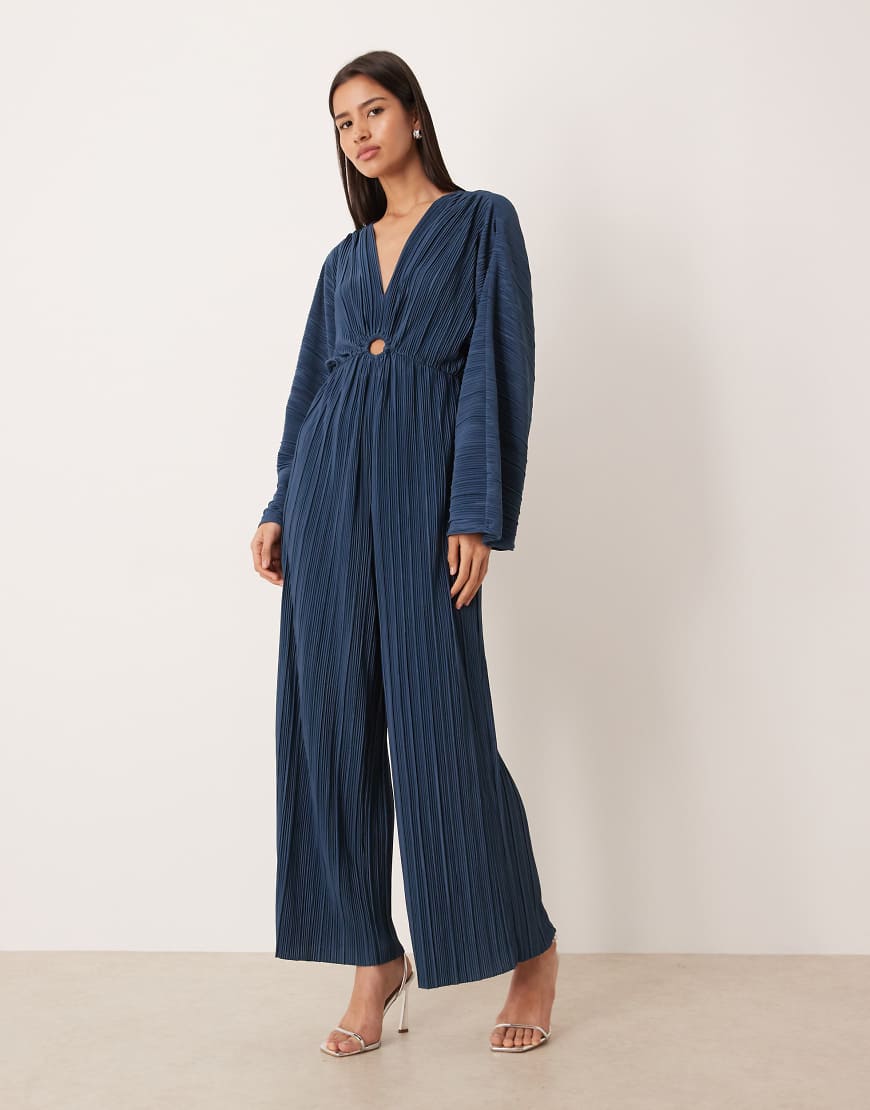 YAS - Langärmliger, plissierter und geraffter Jeans-Jumpsuit in Dunkelblau-Marineblau von YAS