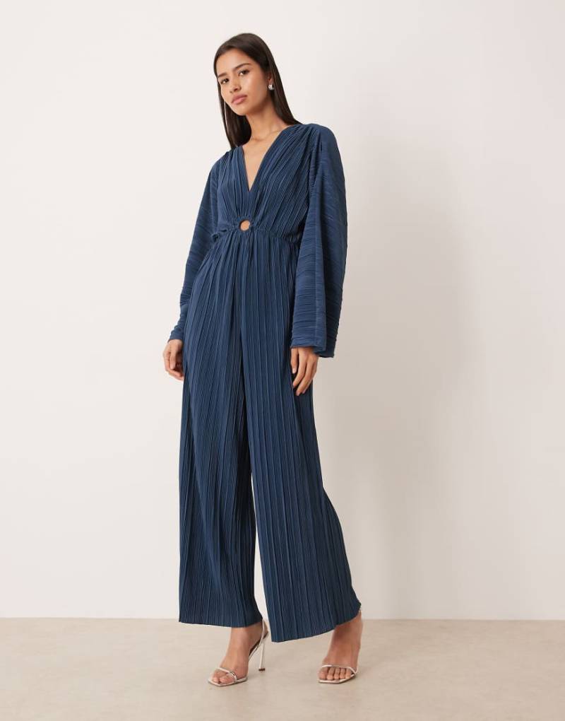 YAS - Langärmliger, plissierter und geraffter Jeans-Jumpsuit in Dunkelblau-Marineblau von YAS