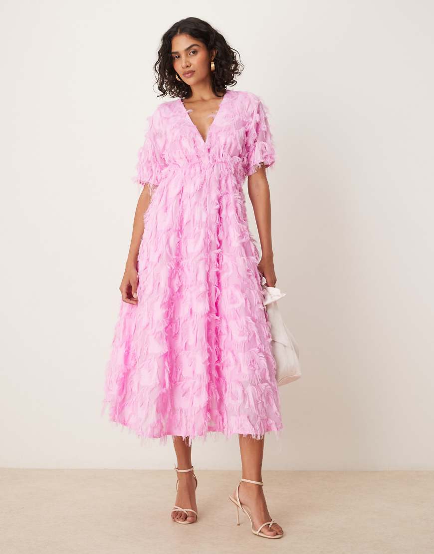 YAS - Midikleid in Pastell-Lavendel mit V-Ausschnitt und Strukturmuster-Rosa von YAS