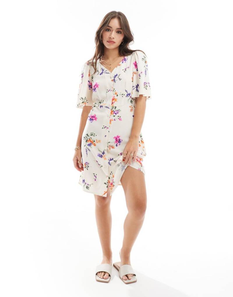 YAS - Mini-Hemdblusenkleid in Cremeweiß mit Flatterärmeln und Blumenmuster-Bunt von YAS