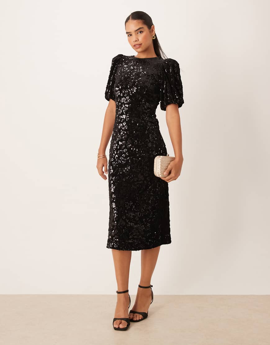 YAS - Pailletten-Midikleid in Schwarz mit Puffärmeln von YAS