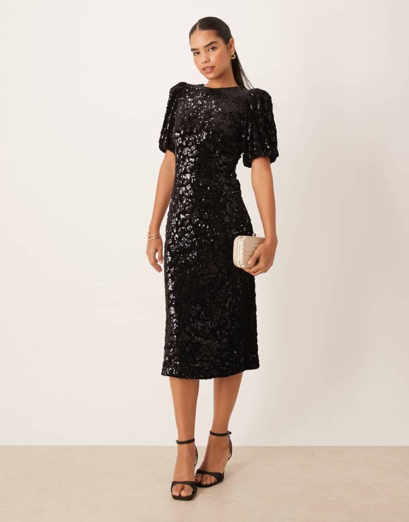 YAS - Pailletten-Midikleid in Schwarz mit Puffärmeln von YAS