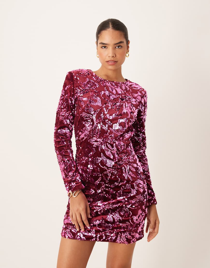 YAS - Pailletten-Minikleid aus Samt in Dunkelrosa von YAS